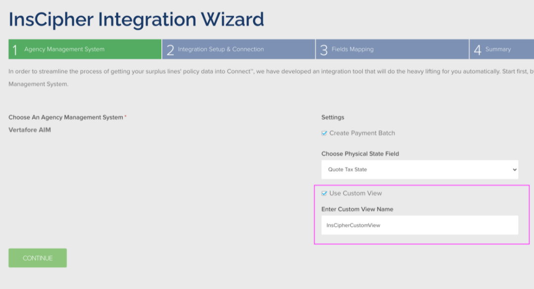 Use custom view setting in Integration Wizard Step 1