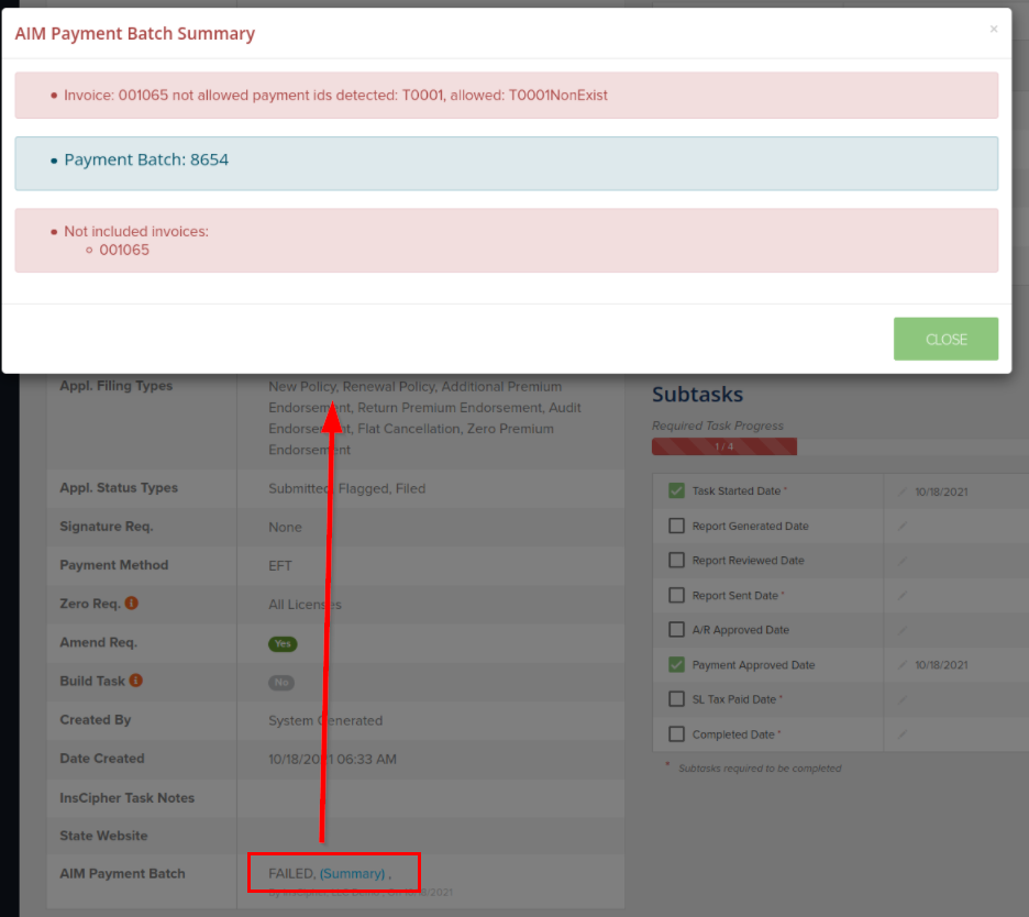 AIM Payment Batch Summary — failed with Summary link