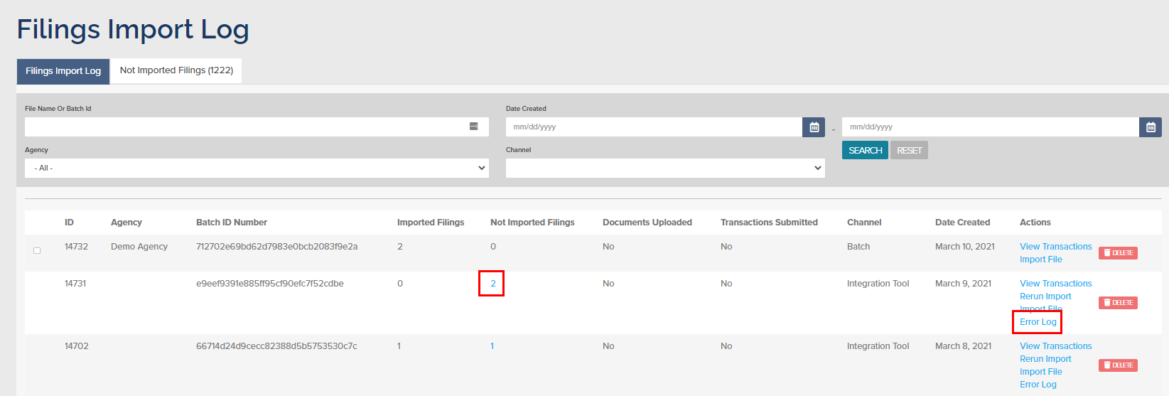 Filings Import Log with Error Log button