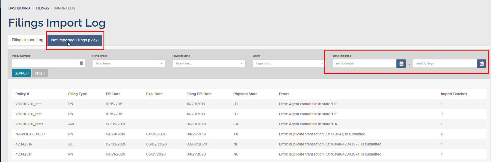Not Imported Filings tab