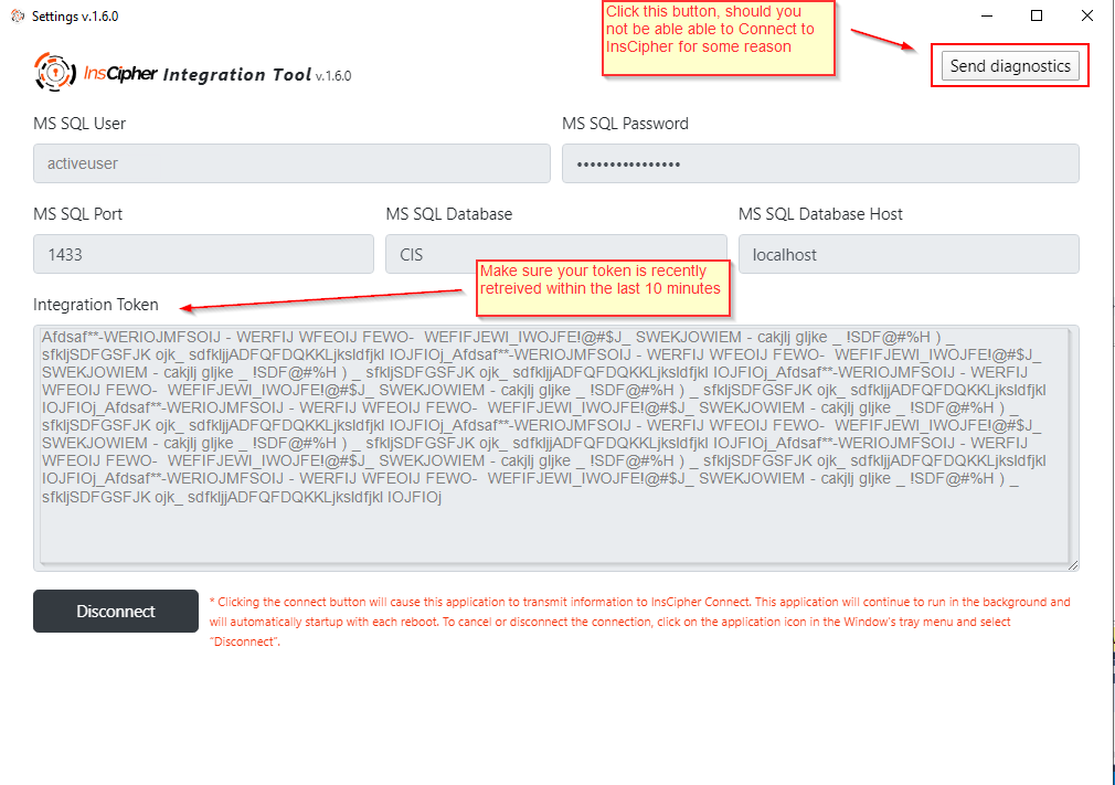 InsCipher Integration Tool — SQL credentials and token