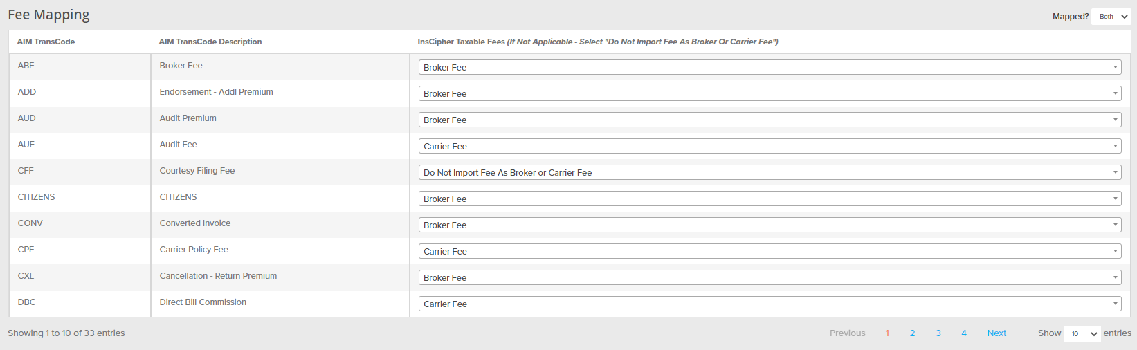 Fee mapping section