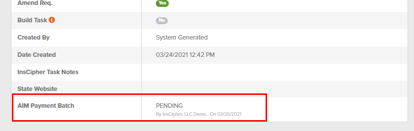 AIM Payment Batch status — Pending