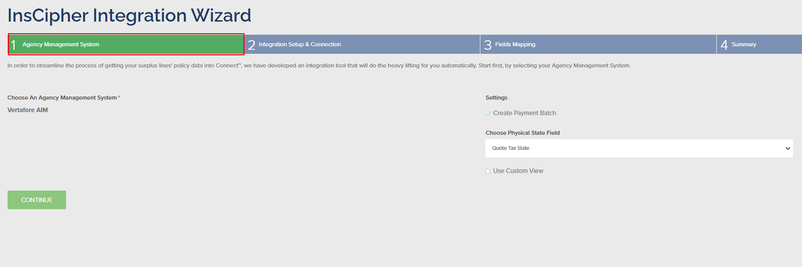 Integration Wizard — selecting Vertafore AIM