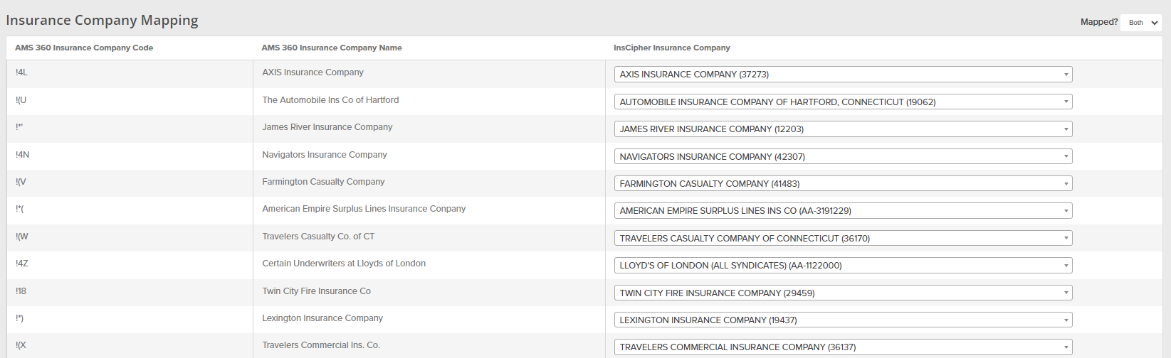 Insurance Company mapping table