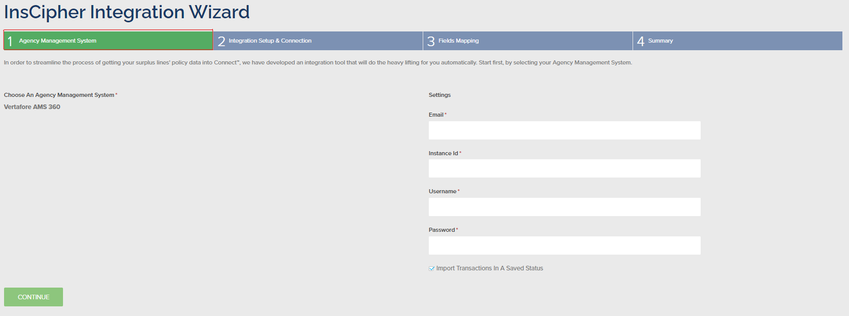Integration Wizard Step 1 — Agency Management System settings