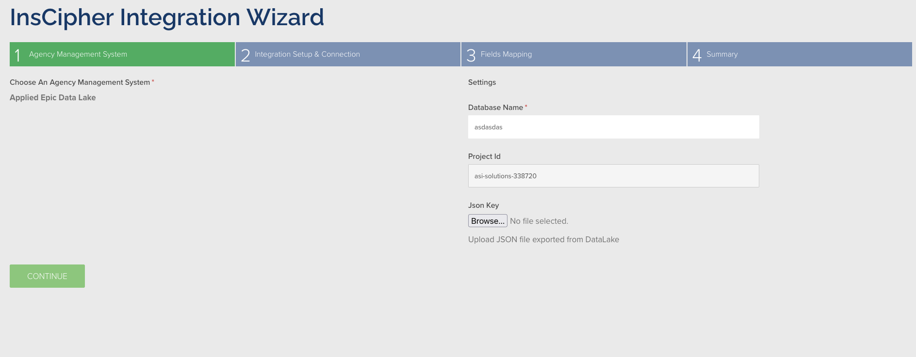 Integration Wizard Step 1 — Database Name, Project ID, and JSON Key fields