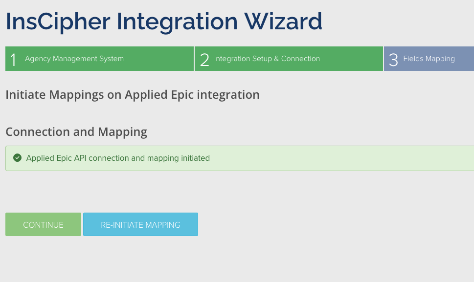 Integration Wizard Step 2 — connection established