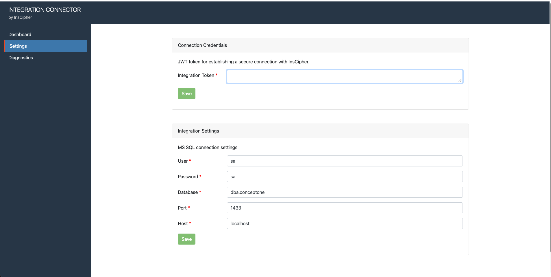 Integration Connector Tool — Settings page