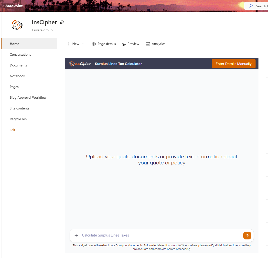 Tax Calculator Widget embedded in SharePoint